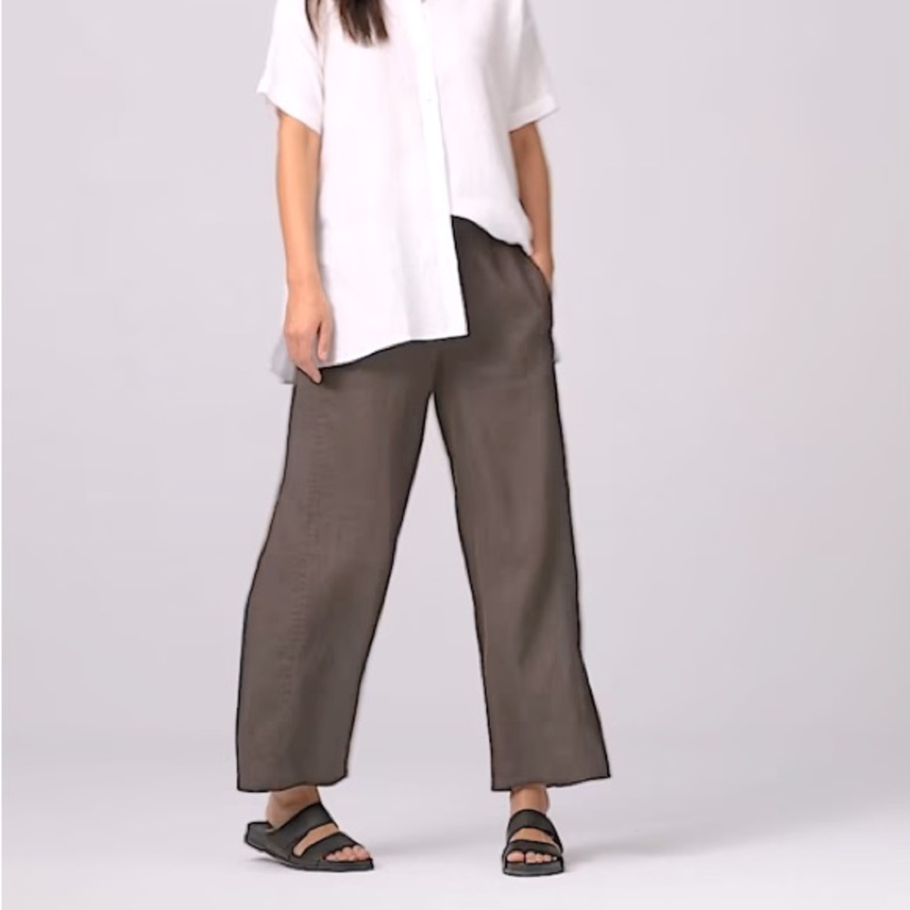 NWT Eileen Fisher Taupe Wide Leg Mid Rise Linen Pants Women’s Size Petite Small